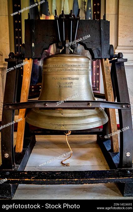 Providence, RI, August 29, 2018: The huge Liberty Bell inside the Rhode Island State House