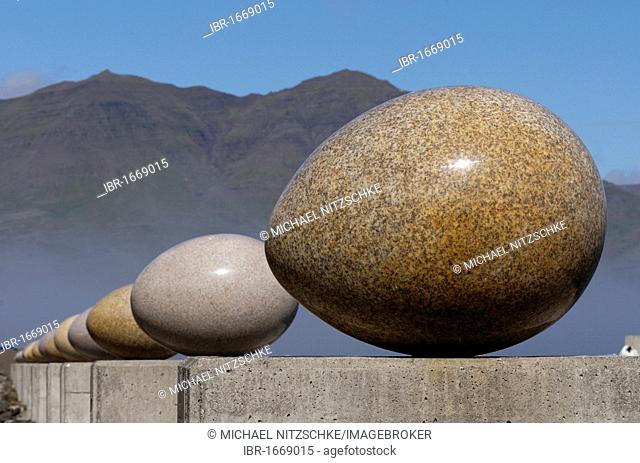 Art work, egg-shaped stones, Djúpivogur, Iceland, Europe