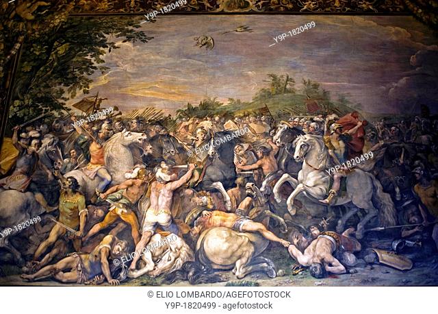 'Battle of Tullus Hostilius against the Veientes and the Fidenates' fresco by Cavaliere d'Arpino  Orazi e Curiazi Hall, Capitoline Museums, Rome, Italy