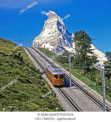Gornergratbahn rack railway train and the Matterhorn, Zermatt, canton Valais, Switzerland