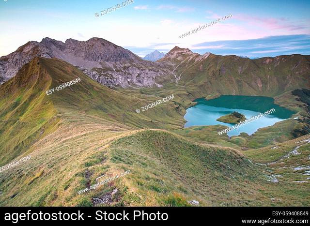 Schrecksee lake in German Alps, view from mountaintop