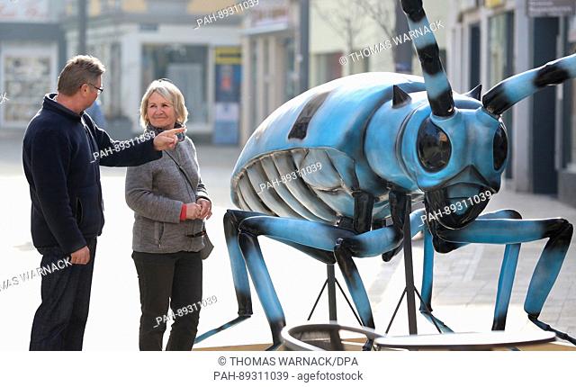 An oversized model of a Rosalia longicorn is on display as part of the Science City campaign in the city centre of Reutlingen,  Germany, 25 March 2017