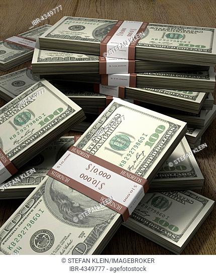 Bundled hundred dollar bills, money stacks, computer graphics