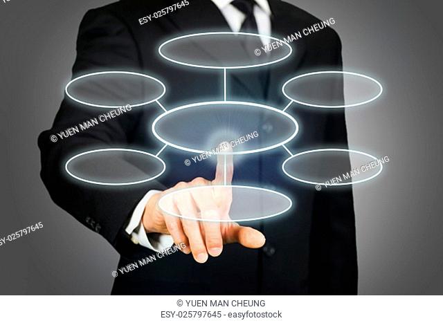 Composite image of a businessman clicking flowchart on touchscreen