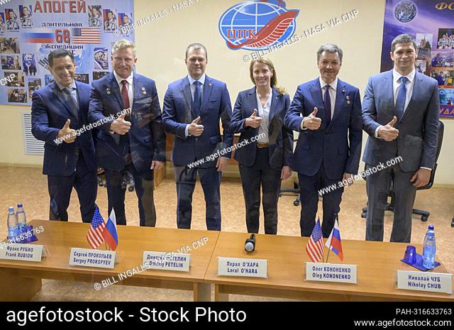 Expedition 68 astronaut Frank Rubio of NASA, left, and cosmonauts Sergey Prokopyev and Dmitri Petelin of Roscosmos, along with Expedition 68 backup crewmembers...