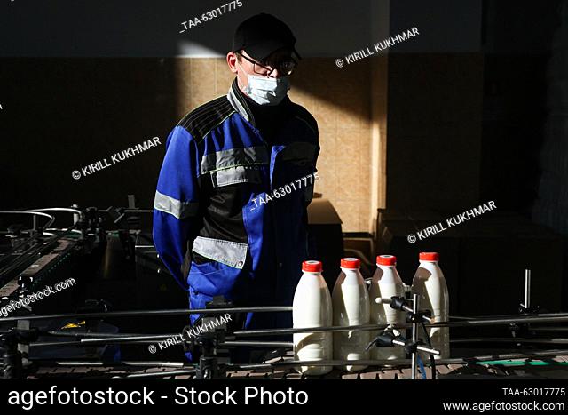 RUSSIA, NOVOSIBIRSK REGION - OCTOBER 5, 2023: A man works on a milk bottle conveyor at the Toguchinskoe Moloko dairy factory in Toguchin