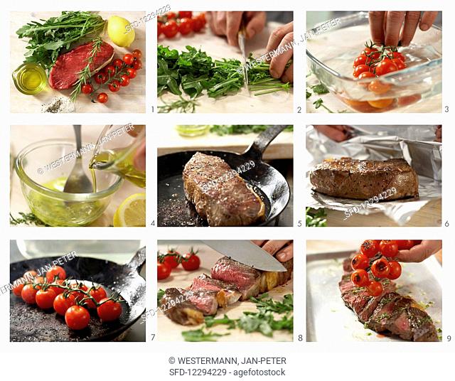 Rump steak with tomatoes and rocket being made