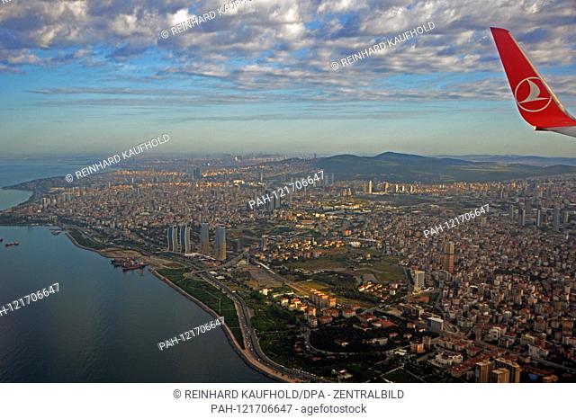 View from an airplane of the airline ""Turkish Airlines"" on eastern parts of Istanbul (on the Bosporus) in Turkey, taken on 22.05