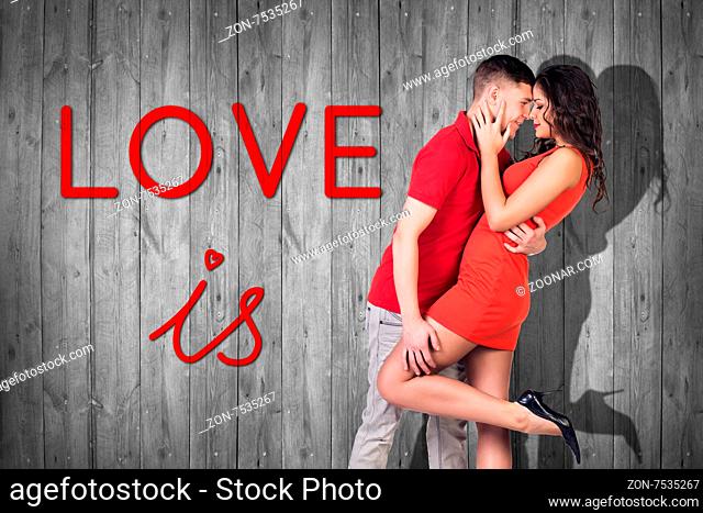 Beautiful man and woman on gray background with text