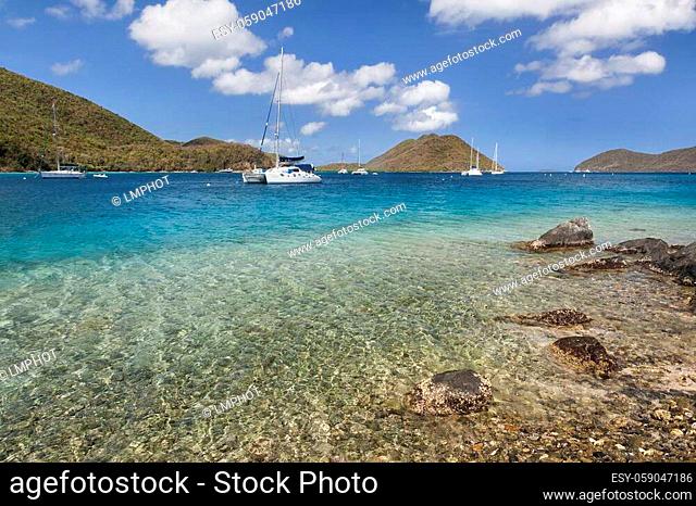 View of Leinster Bay with boats in harbor on the island of St. John in the United States Virgin Islands