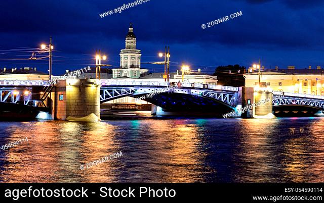 Palace Bridge and Neva River at night in St.Petersburg, Russia