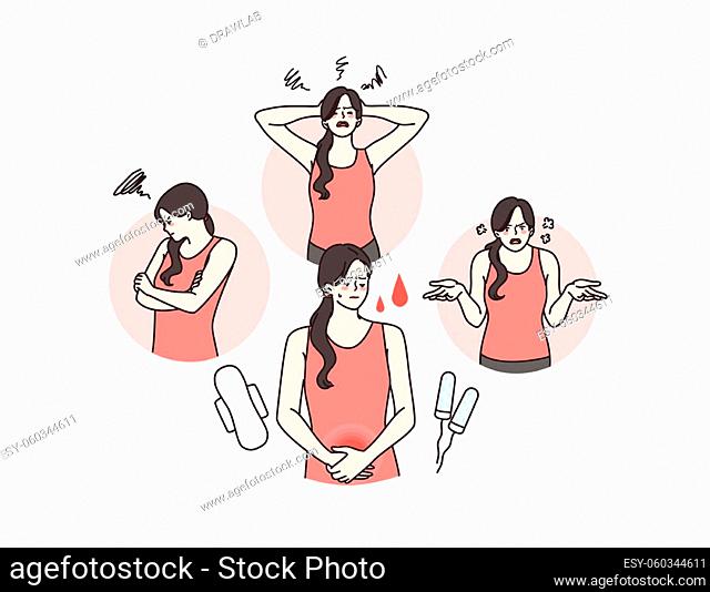 Pms and mood before menstruation concept. Young irritated woman cartoon character feeling depressed angry and pain in belly during periods vector illustration