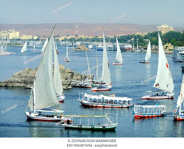 Felucca boats sailing on the Nile river, Aswan, Eg