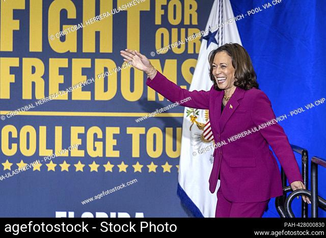 United States Vice President Kamala Harris speaks during her €œFight for Our Freedoms€ college tour at Florida International University in Miami, Florida, USA