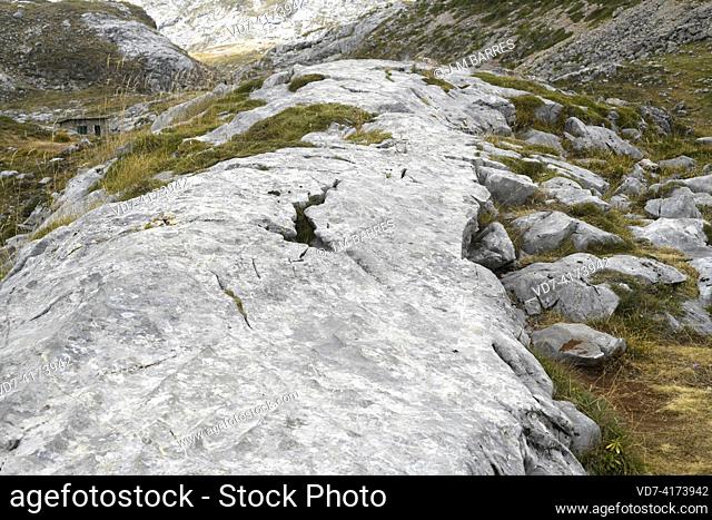 Drumlin of glacial origin formed on limestone. This photo was taken in Picos de Europa National Park, Fuente De, Cantabria, Spain