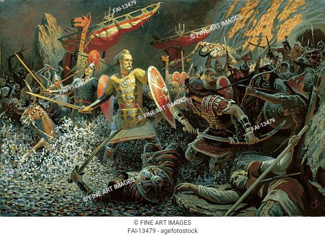 The Kiev Rus' prince Svyatoslav I at the Battle near Khortytsia Island in 972. Olshansky, Boris Mikhaylovich (*1956). Oil on canvas. Modern. 1996