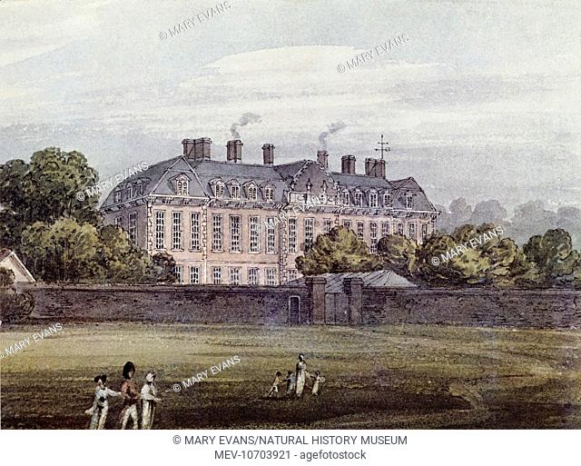 A watercolour, by an unknown artist, showing Montagu House, Bloomsbury, the first home of the British Museum
