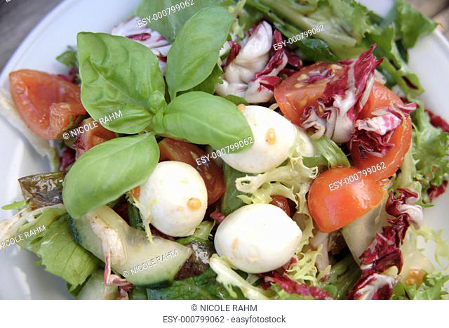 Fresh salad decorated with mozzarella cheese and basil leaves, overhead view