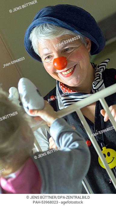 Ines Vowinkel as ""Fine"" visits three year-old Felyna at the children's station at the Helios Clinic in Schwerin, Germany, 18 November 2014