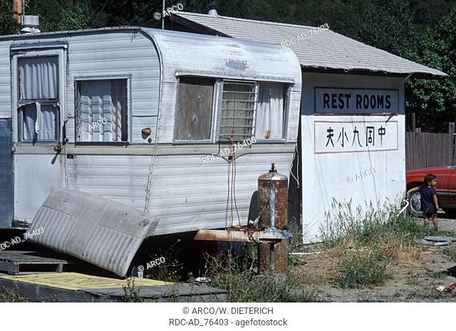 Old caravan in Indian reservation Hoopa Valley California USA Hupa Yurok