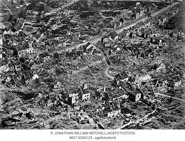FRANCE Western Front -- 1918 -- Aerial view of damage in Vaux on the Western Front in France during the First World War -- Picture by Lightroom Photos