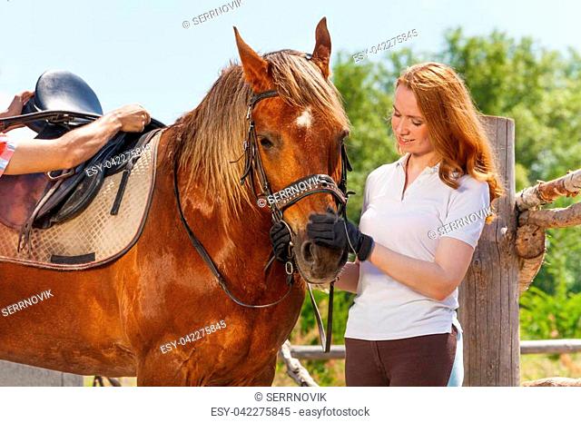 Portrait of beautiful young woman and her bay horse, standing next to the enclosure fence at sunny day