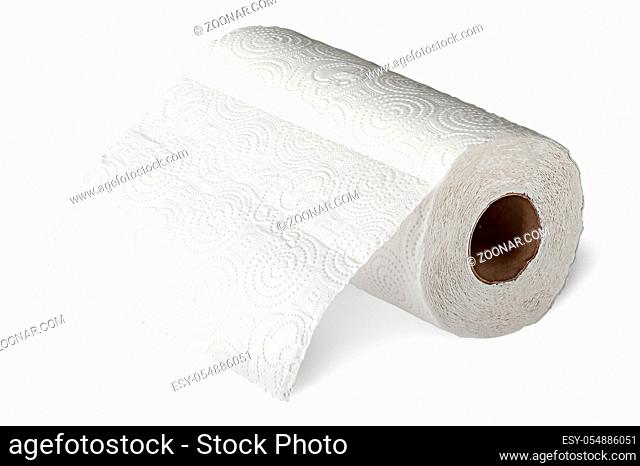 Roll white paper towels horizontally unrolled isolated on white background