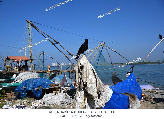 Chinese fishing nets in Kochi (Cochin) on the Arabian Sea in southern India, recorded on 14.02.2019 | usage worldwide. - Kochi/Kerala/Indien
