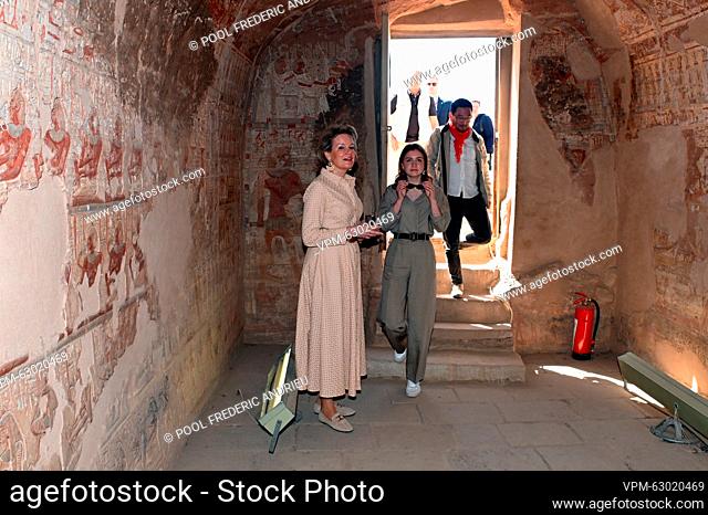 Queen Mathilde of Belgium and Crown Princess Elisabeth pictured during a visit to the archeological site of El Kab, on the second day of a royal visit to Egypt