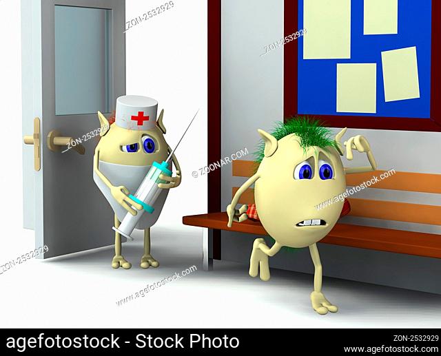 3d character puppet is running away form doctors room