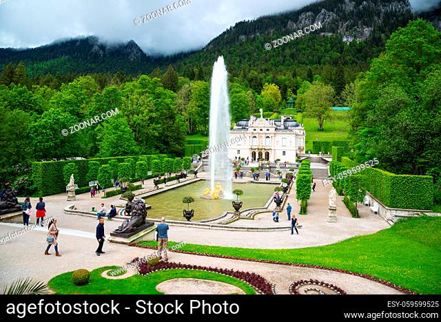 Ettal, Germany - June 5, 2016: Linderhof Palace is a Schloss in Germany, in southwest Bavaria near Ettal Abbey. Fountain group Flora and puttos on the...