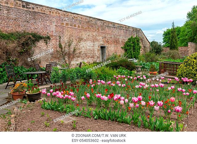Typical English courtyard with stone wall, furniture and tulip flowers