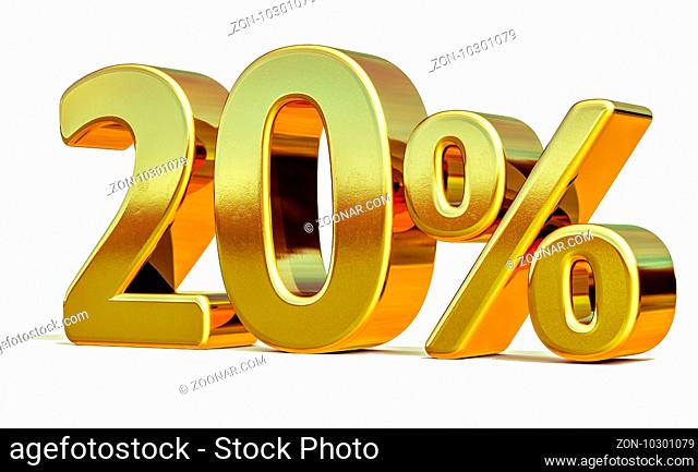3d render: Gold 20 Percent Off Discount Sign, Sale Banner Template, Special Offer 20% Off Discount Tag, Twenty Percentages Up Sticker, Gold Sale Symbol