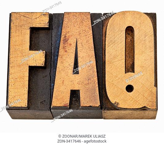 FAQ - frequently asked questions acronym - isolated text in vintage letterpress wood type