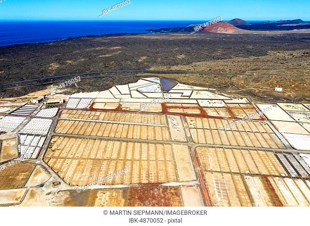 Salt extraction plant, Salinas de Janubio, near Yaiza, drone shot, Lanzarote, Canary Islands, Spain