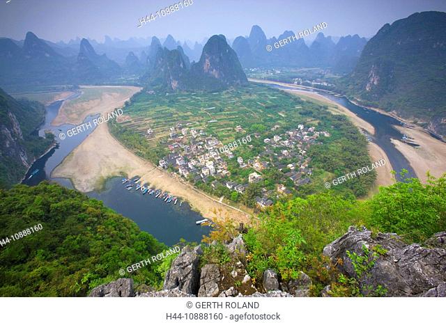 Li River, China, Asia, river, flow, river loop, village, boats, mountains, karst, karst landscape, view point
