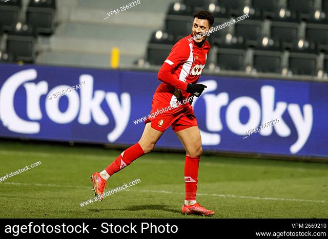 Standard's Selim Amallah celebrates after scoring during a soccer game between KAS Eupen and Standard de Liege, Saturday 13 March 2021 in Eupen