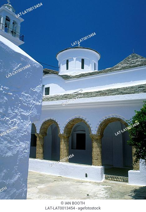 Cathedral church exterior. Courtyard. Bell towers. Ancient pillars. Sporades