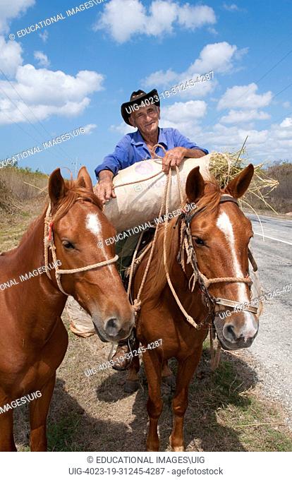 Cuba Cienfuegos old man cowboy portrait with oxen on side of road