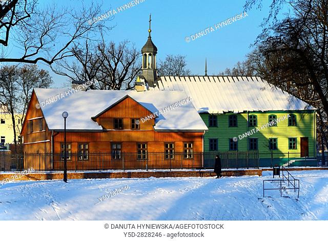 Winter scene, Open-air Museum of regional Wooden Architecture - integral part of Central Museum of Textiles, located on main artery of Lodz - Piotrkowska Street