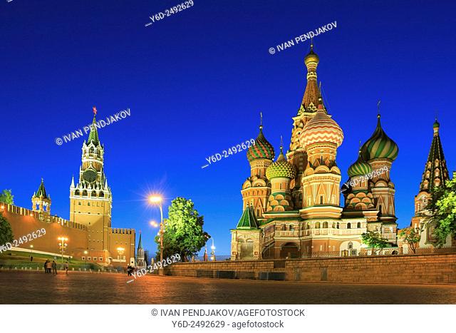 The Kremlin and Saint Basil's Cathedral at Dusk, Moscow, Russia