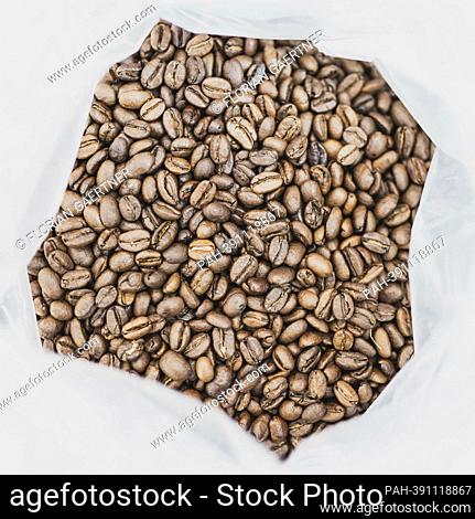 Coffee beans in a bag, photographed in a coffee roastery in Addis Ababa, January 13, 2023. - Addis Ababa/