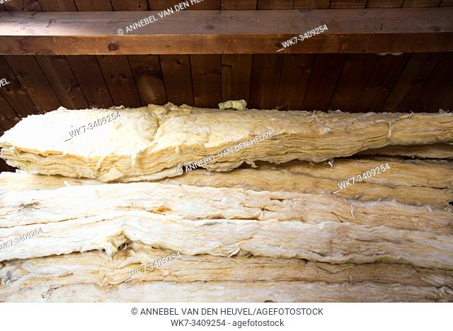 Package of thermal insulation material, glass wool for isulation texture on attic