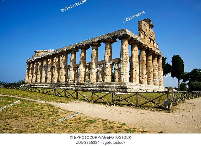 Ceres temple from South - East showing huge pillars with simple flutings, Paestum, Italy