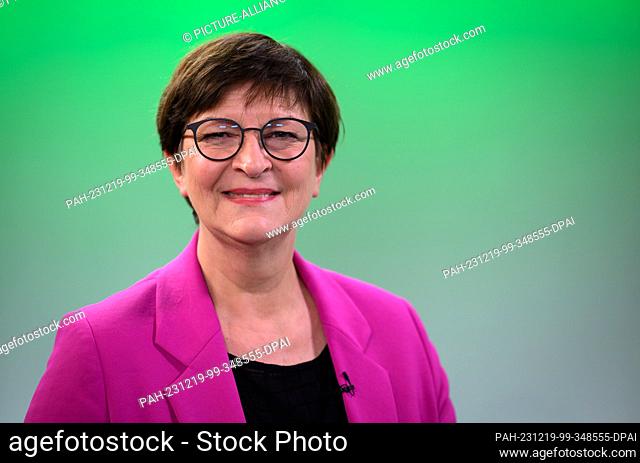 PRODUCTION - 19 December 2023, Berlin: Saskia Esken, leader of the SPD, stands in the news agency's TV studio during an interview with Deutsche Presse-Agentur...