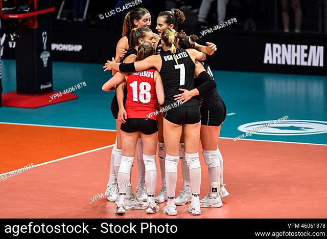 Belgian Yellow Tigers celebrate during a volleyball game between the Netherlands vs Belgian national women's team the Yellow Tigers