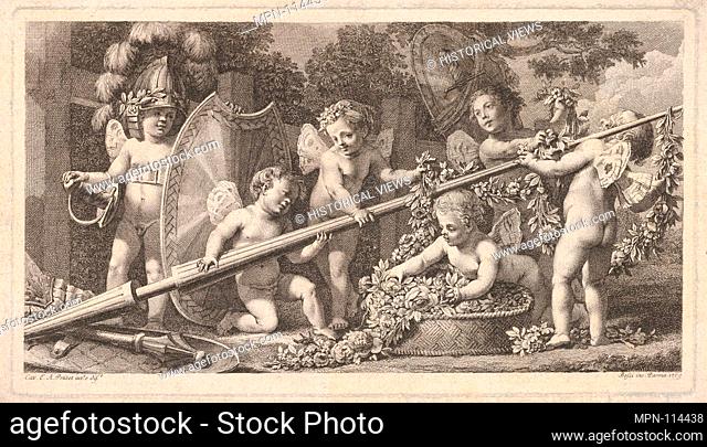 Six putti playing with the arms of Mars, four holding onto a large lance, one on the left wearing a helmet and a sword belt, holding a shield upright