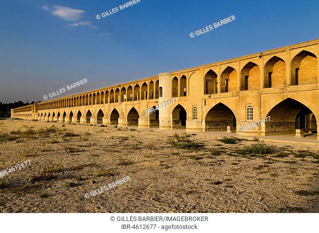 Si-o-Seh Pol or Si-o-Seh Bridge on the dried Zayandeh River, Esfahan, Iran