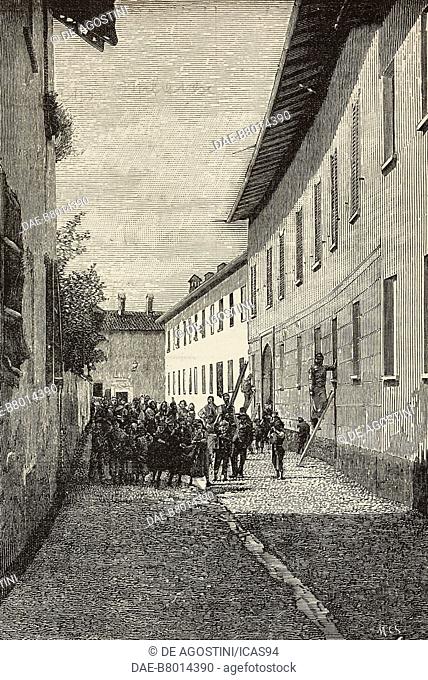 The house of Francesco Mussi damaged by the strikers, Corbetta, Italy, Farmers' Uprising, engraving from a drawing by A Bonamore from L'Illustrazione Italiana