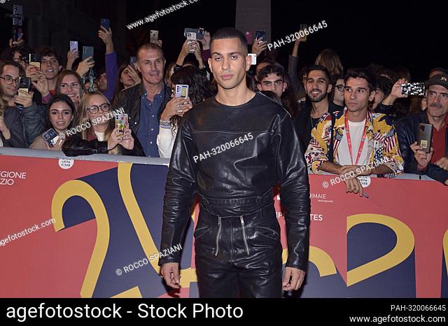ROME, ITALY - OCTOBER 14: Alessandro Mahmood attends the photocall for ""Mahmood"" at Alice Nella Città during the 17th Rome Film Festival at Auditorium Parco...